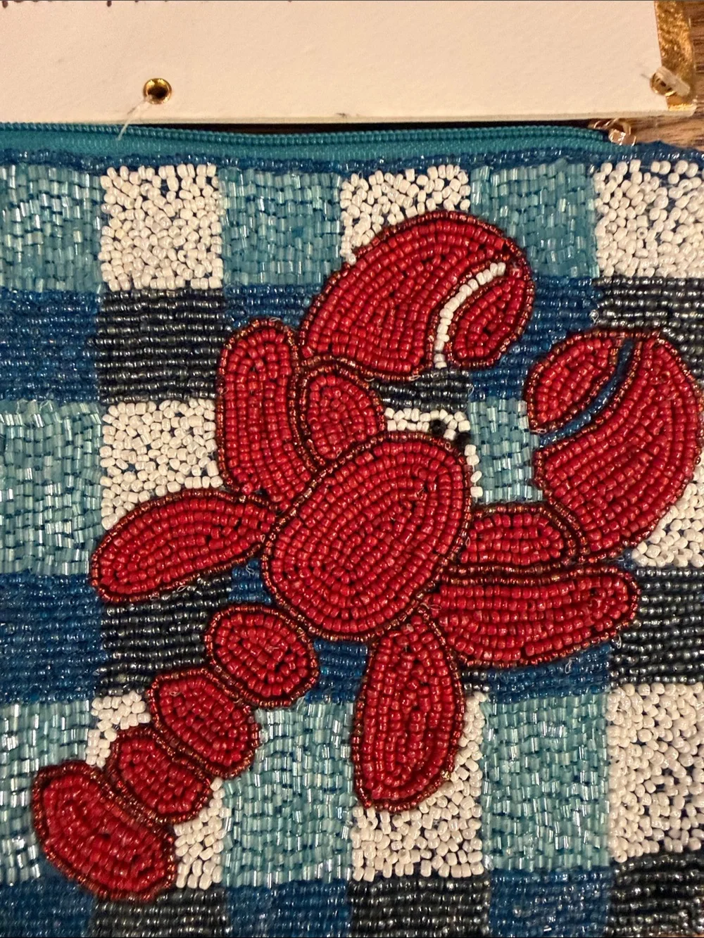 House of Harlow 1960 Blue Check Beaded Clutch with Red Lobster Appliqué Wristlet